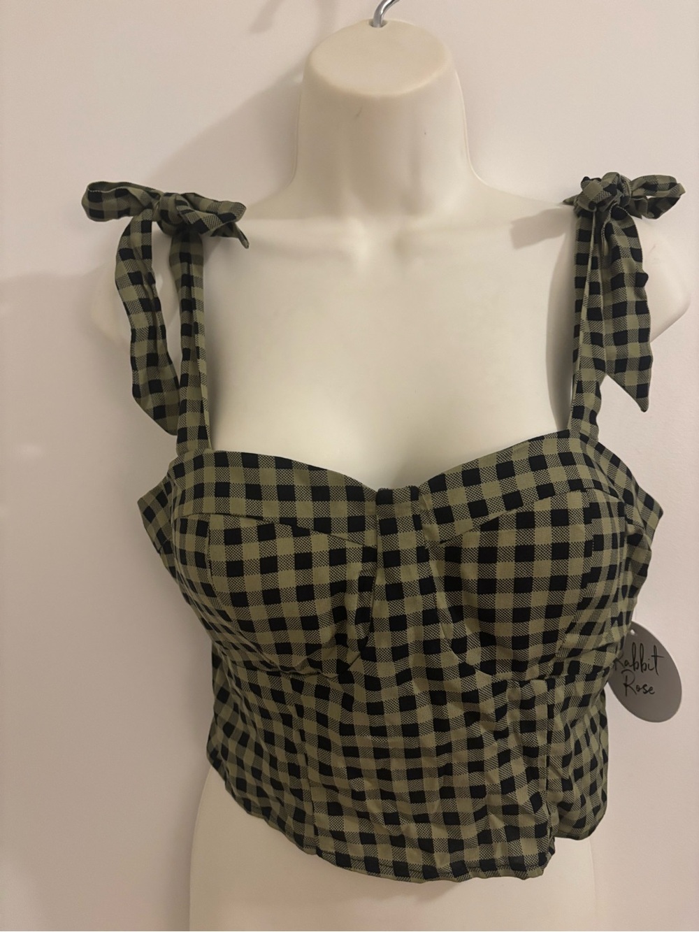 Tie-Strap Gingham Crop Top - Olive & Black